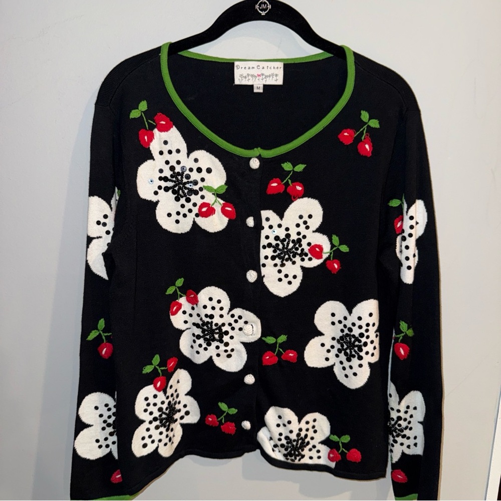 Dream Catcher Cherry Cardigan Sweater M Beaded Floral‎ Y2K Black Embroidered